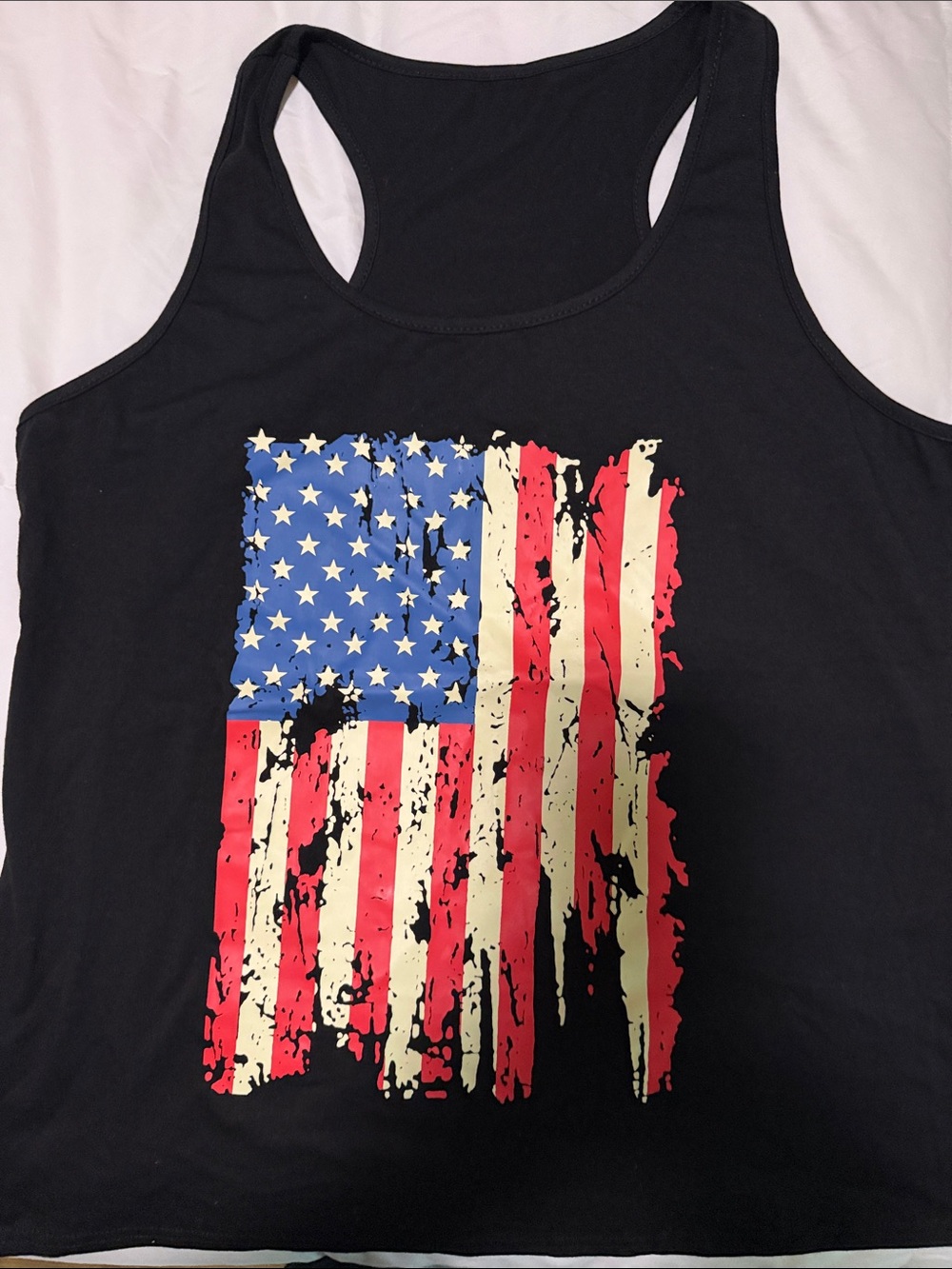 Black Tank Top with Distressed American Flag Graphic